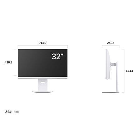 Moniteur LG UltraGear 32G810SA affichant les dimensions de face et de profil, mesurant 714.6 mm de largeur, 428.5 mm de hauteur d'écran, 624.1 mm de hauteur totale et 249.1 mm de profondeur.