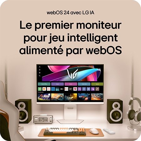 Moniteur Gaming LG UltraGear 32G810SA, le premier moniteur gaming alimenté par webOS, affichant l'interface webOS avec LG AI et les fonctionnalités Smart TV.