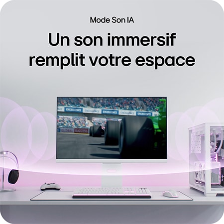 Moniteur Gaming LG UltraGear 32G810SA, illustrant la fonction AI Sound qui inonde l'espace de jeu d'un son puissant et immersif.