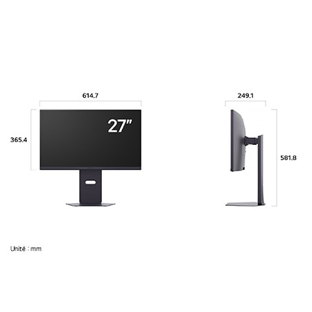 Moniteur LG UltraGear 27G850A affichant les dimensions de face et de profil, mesurant 614.7 mm de largeur, 365.4 mm de hauteur d'écran, 581.8 mm de hauteur totale et 249.1 mm de profondeur.