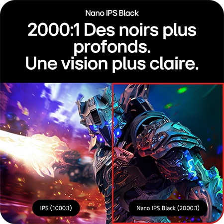 Moniteur Gaming LG UltraGear 27G850A présentant la technologie Nano IPS Black avec un taux de contraste de 2000:1 pour des noirs plus profonds et des images plus lumineuses.