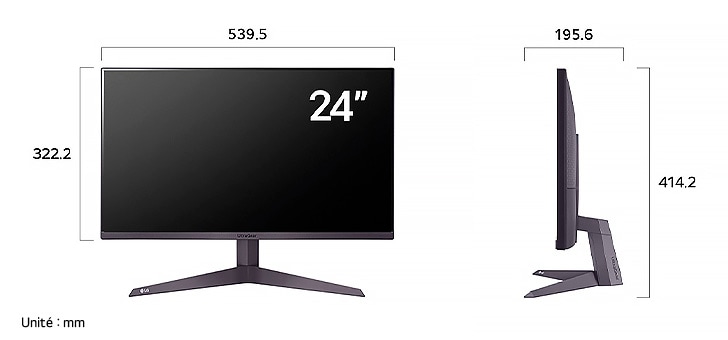 Moniteur LG UltraGear 24GS50F affichant les dimensions de face et de profil, mesurant 539.5 mm de largeur, 322.2 mm de hauteur d'écran, 414.2 mm de hauteur totale et 195.6 mm de profondeur.
