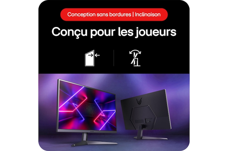 Moniteur Gaming LG UltraGear 24GS50F, présentant un design sans bordures et la fonctionnalité d'inclinaison (Tilt) du support, conçu pour les joueurs.