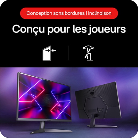 Moniteur Gaming LG UltraGear 24GS50F, présentant un design sans bordures et la fonctionnalité d'inclinaison (Tilt) du support, conçu pour les joueurs.
