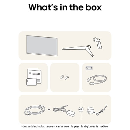 Illustration des accessoires fournis avec le Moniteur LG UltraGear 24GS50F, détaillant le manuel, l'adaptateur secteur CA et les options de câble HDMI ou DisplayPort incluses.