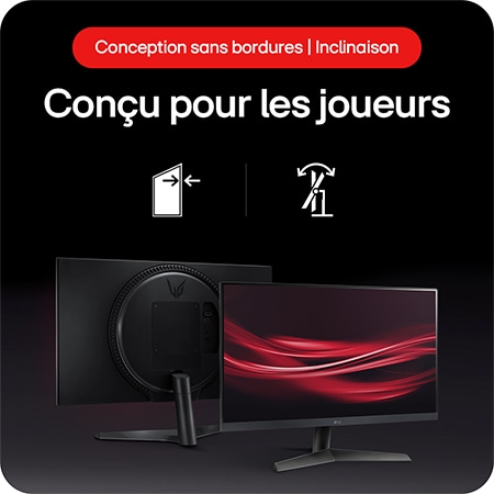 Moniteur Gaming LG UltraGear 24GS60F, présentant un design sans bordures et la fonctionnalité d'inclinaison (Tilt) du support, conçu pour les joueurs.