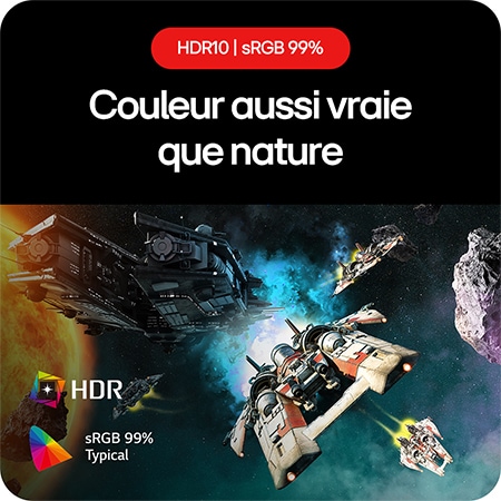 Moniteur Gaming LG UltraGear 27GS60F, permettant de ressentir des couleurs plus vraies que nature grâce à la prise en charge HDR10 et à la couverture sRGB de 99%.