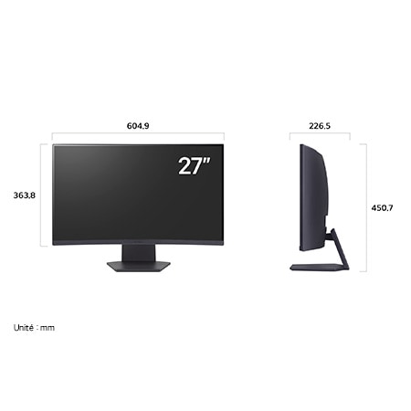 Moniteur LG UltraGear 27GS60QC affichant les dimensions de face et de profil, mesurant 604.9 mm de largeur, 363.8 mm de hauteur d'écran, 450.7 mm de hauteur totale et 226.5 mm de profondeur.