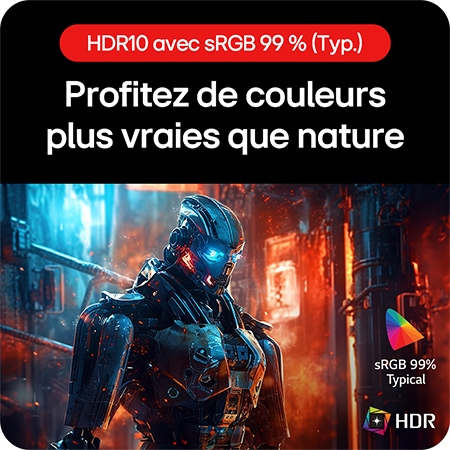 Moniteur Gaming LG UltraGear 27GS60QC, permettant de ressentir des couleurs plus vraies que nature grâce à la prise en charge HDR10 et à la couverture sRGB de 99%.