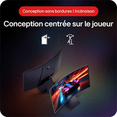 Moniteur Gaming LG UltraGear 27GS60QC-B illustrant la conception centrée sur le joueur : écran sans bordures et support ajustable en inclinaison pour le confort.