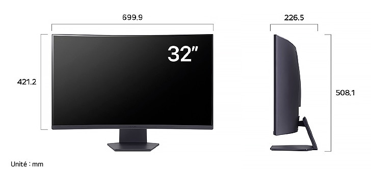 Moniteur LG UltraGear 32GS60QC affichant les dimensions de face et de profil, mesurant 699.9 mm de largeur, 421.2 mm de hauteur d'écran, 508.1 mm de hauteur totale et 226.5 mm de profondeur.