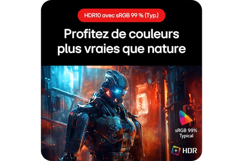 Moniteur Gaming LG UltraGear 32GS60QC, permettant de ressentir des couleurs plus vraies que nature grâce à la prise en charge HDR10 et à la couverture sRGB de 99%.