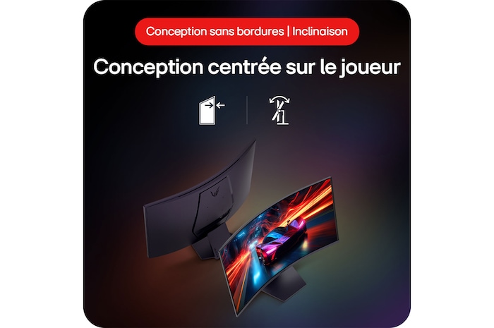 Moniteur Gaming LG UltraGear 32GS60QC-B illustrant la conception centrée sur le joueur : écran sans bordures et support ajustable en inclinaison pour le confort.