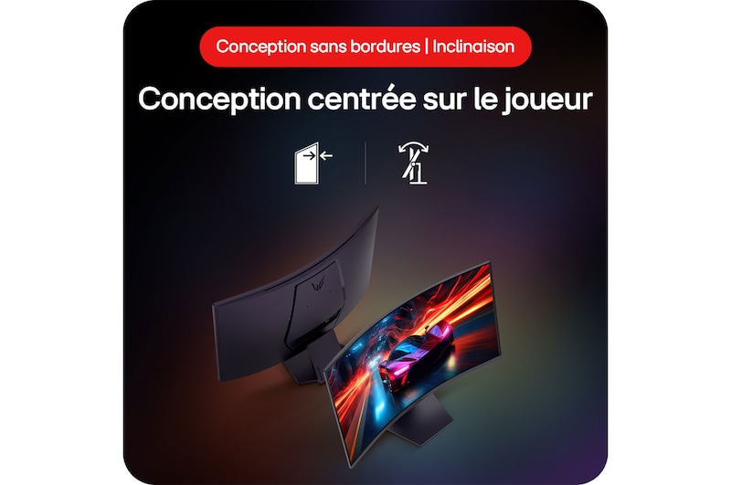 Moniteur Gaming LG UltraGear 32GS60QC-B illustrant la conception centrée sur le joueur : écran sans bordures et support ajustable en inclinaison pour le confort.