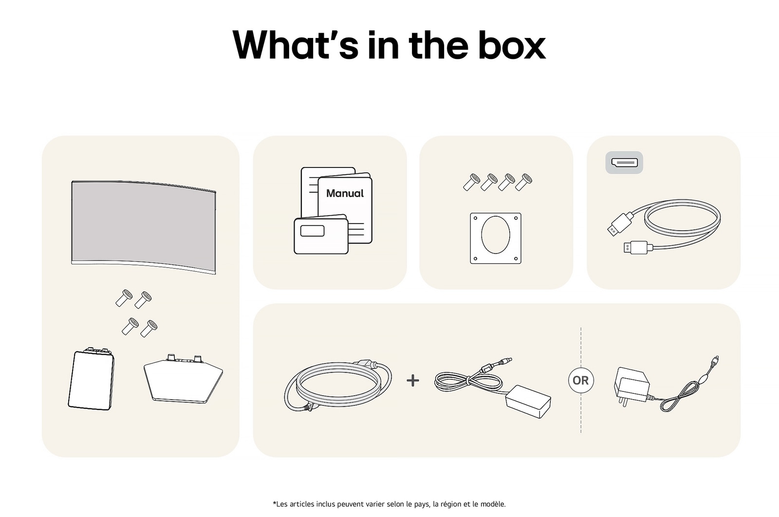 Illustration des accessoires fournis avec le Moniteur LG UltraGear 32GS60QC, détaillant le manuel, l'adaptateur secteur CA et les options de câble HDMI ou DisplayPort incluses.