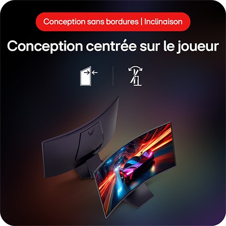 Moniteur Gaming LG UltraGear 32GS60QC-B illustrant la conception centrée sur le joueur : écran sans bordures et support ajustable en inclinaison pour le confort.