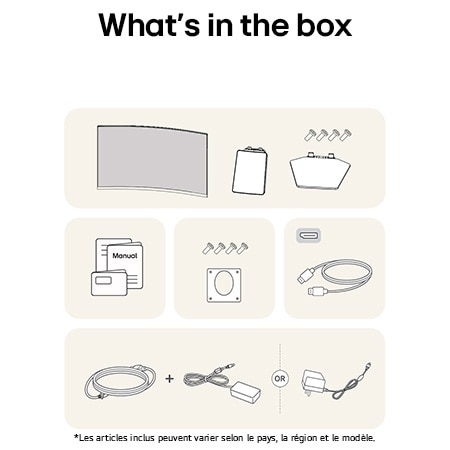 Illustration des accessoires fournis avec le Moniteur LG UltraGear 32GS60QC, détaillant le manuel, l'adaptateur secteur CA et les options de câble HDMI ou DisplayPort incluses.