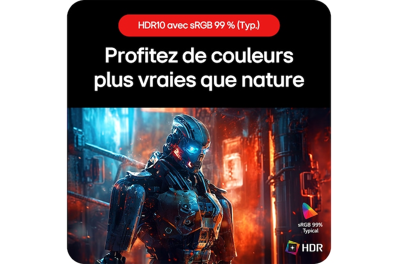 Moniteur Gaming LG UltraGear 27GS75Q-B, permettant de profiter de couleurs réalistes grâce au support HDR10 et à la couverture de l'espace colorimétrique sRGB 99% (Typ.).