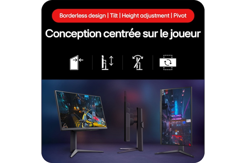 Moniteur Gaming LG UltraGear 27GS75Q-B présentant son Design Orienté Gaming avec Design sans Bordures, Inclinaison, Réglage de la Hauteur et fonctionnalité Pivot.