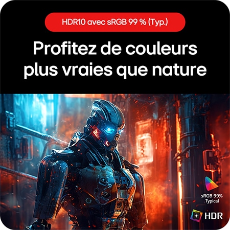 Moniteur Gaming LG UltraGear 27GS75Q-B, permettant de profiter de couleurs réalistes grâce au support HDR10 et à la couverture de l'espace colorimétrique sRGB 99% (Typ.).