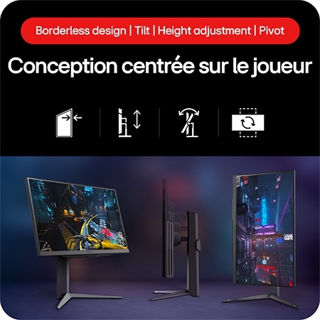 Moniteur Gaming LG UltraGear 27GS75Q-B présentant son Design Orienté Gaming avec Design sans Bordures, Inclinaison, Réglage de la Hauteur et fonctionnalité Pivot.