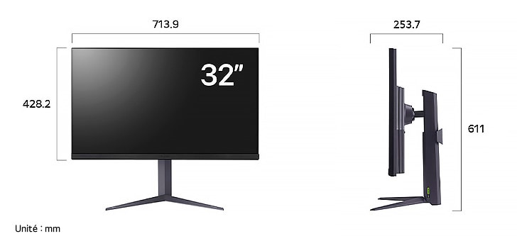 Moniteur LG UltraGear 32GS75Q affichant les dimensions du produit de face et de profil, avec une largeur de 713.9 mm, une hauteur d'écran de 428.2 mm, une hauteur totale de 501 - 611 mm et une profondeur de 253.7 mm.