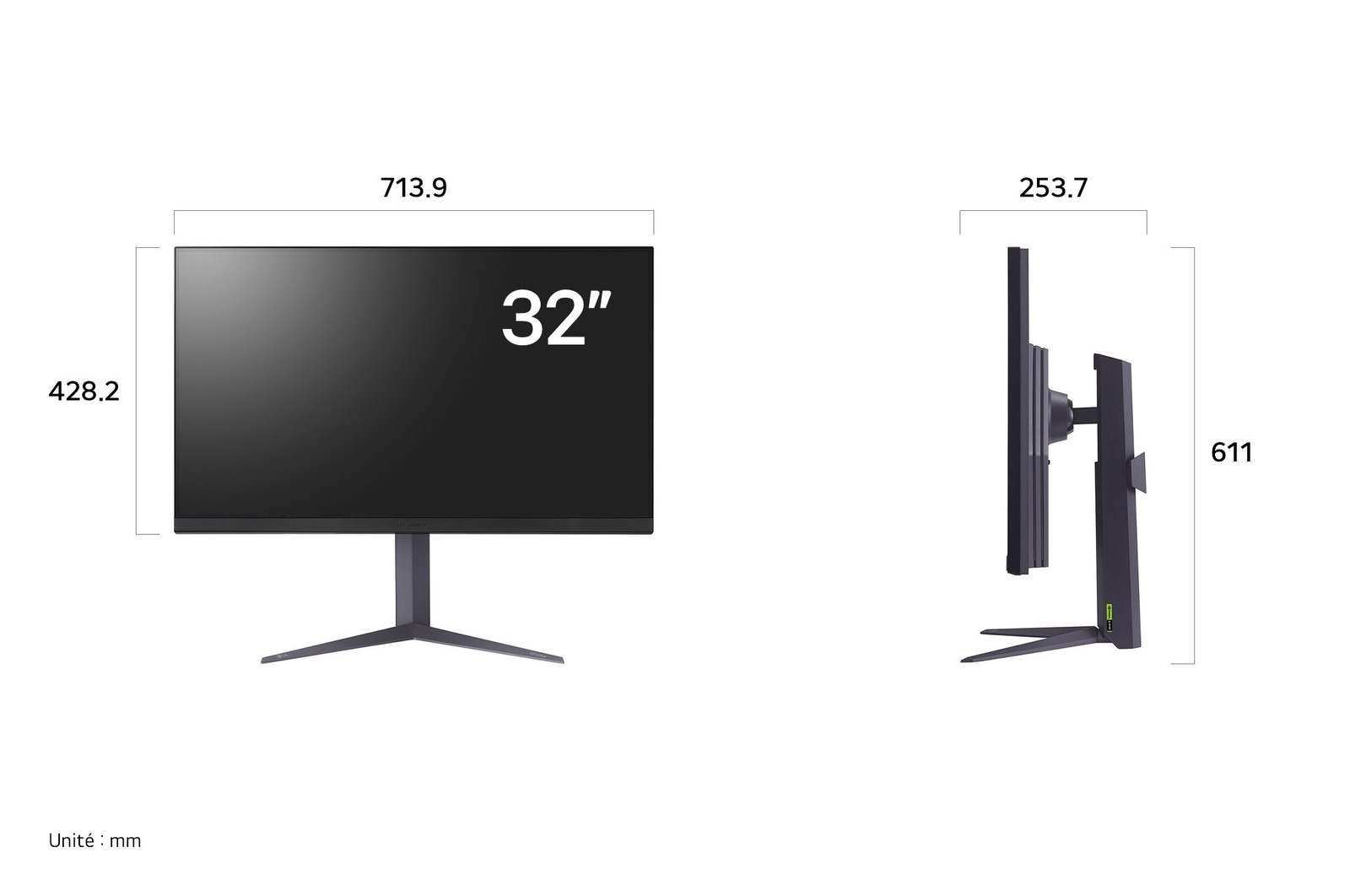 Moniteur LG UltraGear 32GS75Q affichant les dimensions du produit de face et de profil, avec une largeur de 713.9 mm, une hauteur d'écran de 428.2 mm, une hauteur totale de 501 - 611 mm et une profondeur de 253.7 mm.