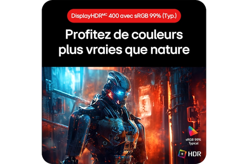 Moniteur Gaming LG UltraGear 32GS75Q, permettant de profiter de couleurs réalistes grâce au support HDR10 et à la couverture de l'espace colorimétrique sRGB 99% (Typ.).