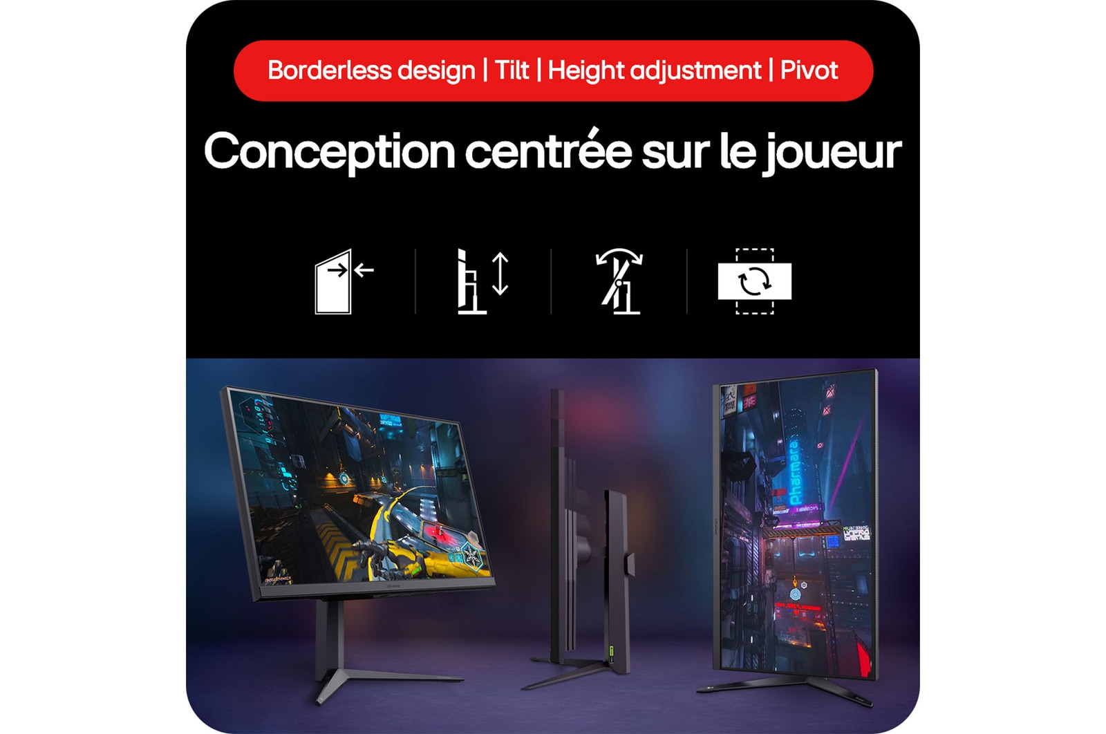 Moniteur Gaming LG UltraGear 32GS75Q présentant son Design Orienté Gaming avec Design sans Bordures, Inclinaison, Réglage de la Hauteur et fonctionnalité Pivot.