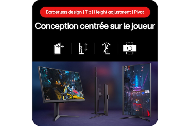 Moniteur Gaming LG UltraGear 32GS75Q présentant son Design Orienté Gaming avec Design sans Bordures, Inclinaison, Réglage de la Hauteur et fonctionnalité Pivot.