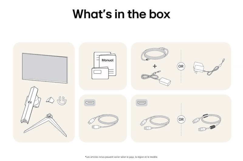 Moniteur Gaming LG UltraGear 32GS75Q affichant un aperçu de tous les composants fournis, incluant le corps du moniteur, les pièces du support, le manuel et les câbles HDMI et DP.