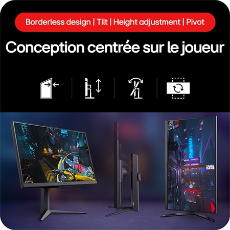 Moniteur Gaming LG UltraGear 32GS75Q présentant son Design Orienté Gaming avec Design sans Bordures, Inclinaison, Réglage de la Hauteur et fonctionnalité Pivot.
