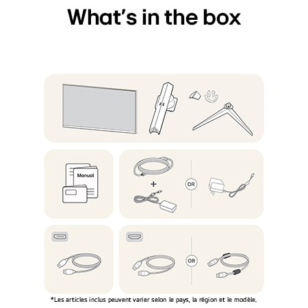 Moniteur Gaming LG UltraGear 32GS75Q affichant un aperçu de tous les composants fournis, incluant le corps du moniteur, les pièces du support, le manuel et les câbles HDMI et DP.