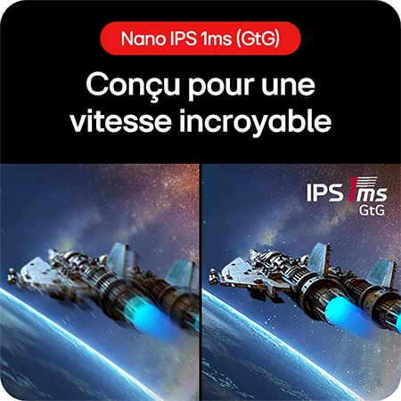 Moniteur Gaming LG UltraGear 27GS85Q conçu pour une vitesse incroyable, combinant Nano IPS et 1 ms (GtG) de temps de réponse para des couleurs vives.