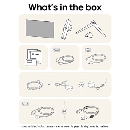 Moniteur Gaming LG UltraGear 27GS85Q affichant un aperçu de tous les composants fournis, incluant le corps du moniteur, les pièces du support, le manuel et les câbles HDMI, DP et USB.