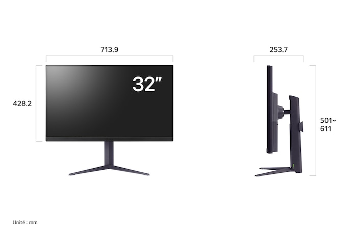 Moniteur Gaming LG UltraGear 32GS85Q en finition noir mat affichant les dimensions, mesurant 713,9 mm de largeur, 428,2 mm de hauteur d'écran, 501 mm à 611 mm de hauteur totale et 253,7 mm de profondeur.