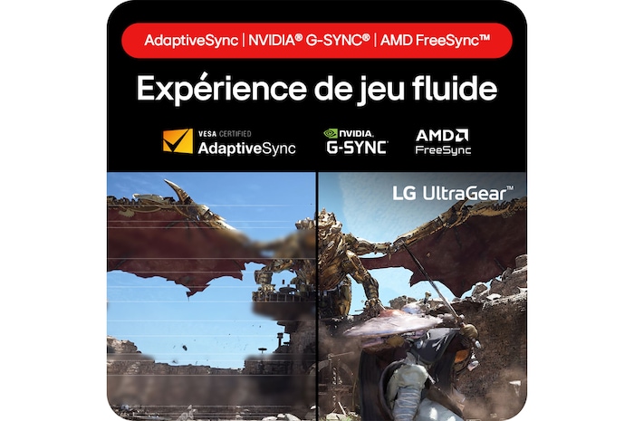 Moniteur Gaming LG UltraGear 32GS85Q prenant en charge AdaptiveSync, NVIDIA G-SYNC et AMD FreeSync, pour une expérience de jeu fluide et sans déchirure.