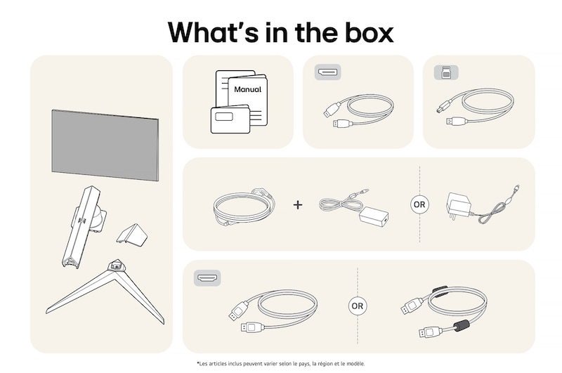 Moniteur Gaming LG UltraGear 32GS85Q affichant un aperçu de tous les composants fournis, incluant le corps du moniteur, les pièces du support, le manuel et les câbles HDMI, DP et USB.