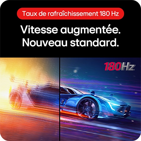 Moniteur Gaming LG UltraGear 32GS85Q, avec un taux de rafraîchissement de 180 Hz, fournissant una vitesse améliorée pour un affichage extrêmement fluide.