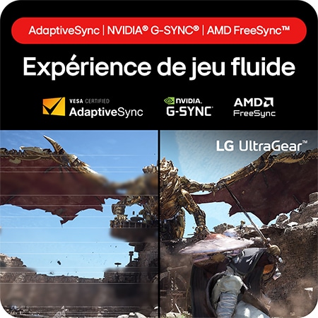 Moniteur Gaming LG UltraGear 32GS85Q prenant en charge AdaptiveSync, NVIDIA G-SYNC et AMD FreeSync, pour une expérience de jeu fluide et sans déchirure.