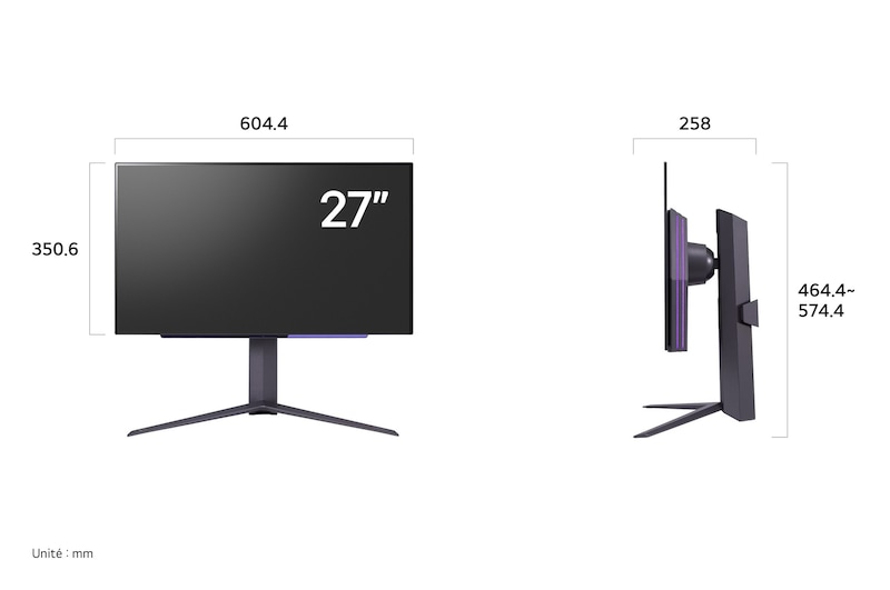 Moniteur LG UltraGear 27GS95QE-B affichant les dimensions de face et de profil, mesurant 604.4 mm de largeur, 350.6 mm de hauteur d'écran, 464.4 - 574.4 mm de hauteur totale et 258 mm de profondeur.