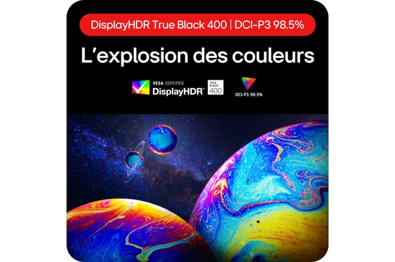 Moniteur Gaming LG UltraGear 27GS95QE-B présentant une explosion de couleurs grâce à DisplayHDR True Black 400 et une couverture DCI-P3 98.5%.