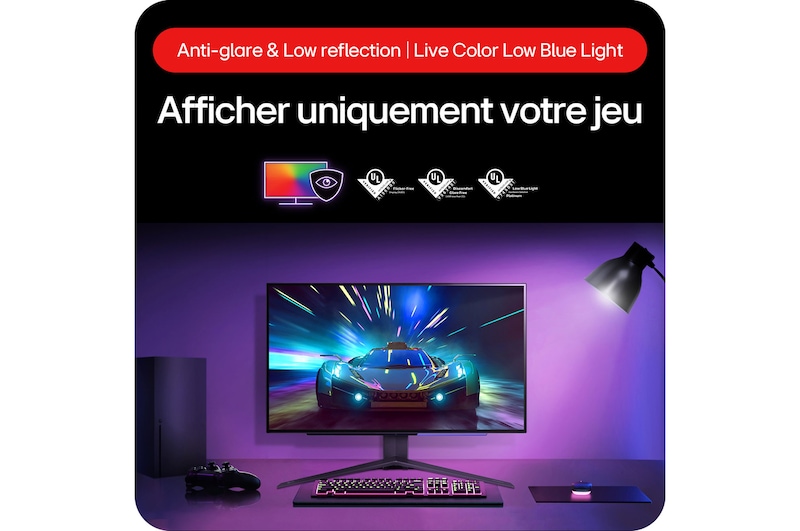 Moniteur Gaming LG UltraGear 27GS95QE-B, doté d'un écran antireflet et d'une technologie de faible réflexion pour minimiser la distraction visuelle.