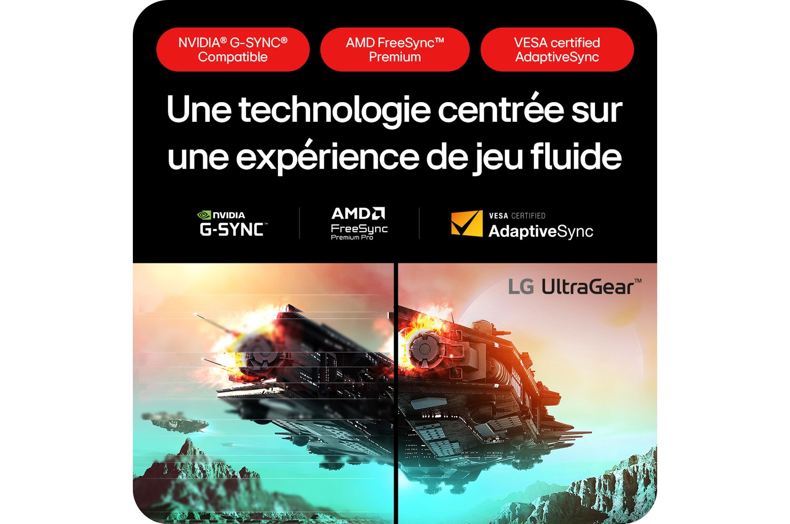 Moniteur Gaming LG UltraGear 27GS95QE-B assurant une expérience de jeu fluide grâce à NVIDIA® G-SYNC® Compatible et la technologie AMD FreeSync™ Premium.