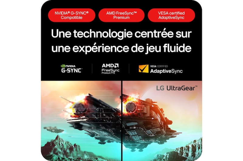 Moniteur Gaming LG UltraGear 27GS95QE-B assurant une expérience de jeu fluide grâce à NVIDIA® G-SYNC® Compatible et la technologie AMD FreeSync™ Premium.