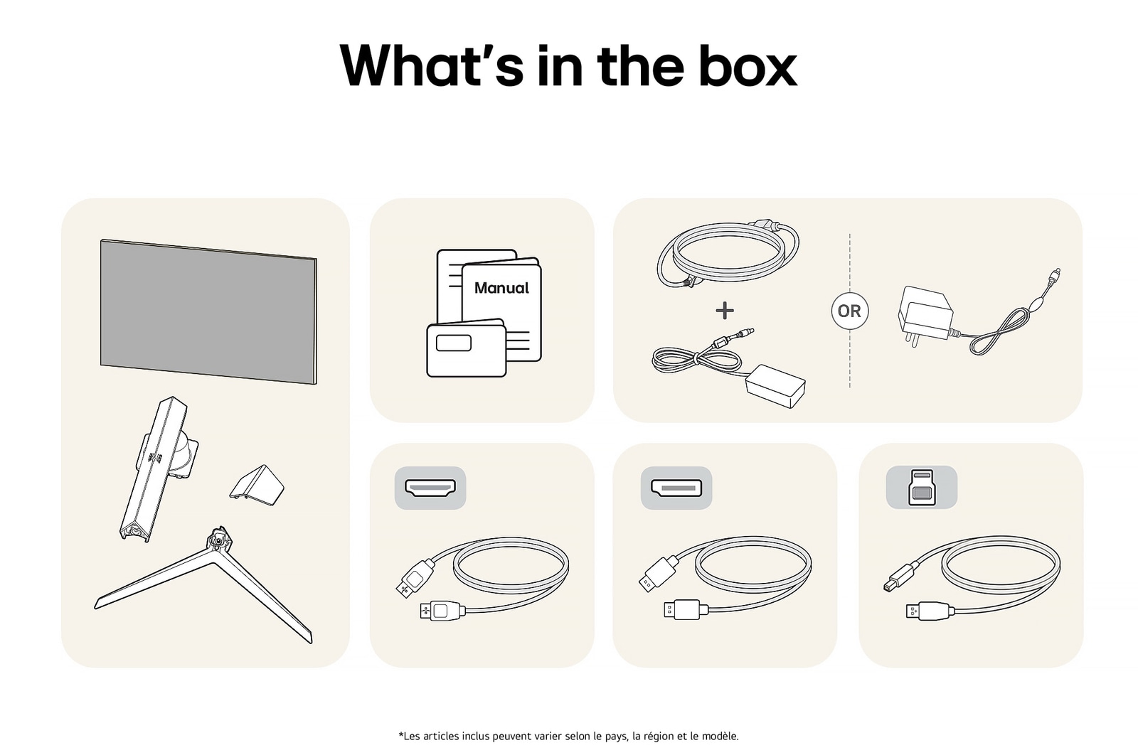 Moniteur Gaming LG UltraGear 27GS95QE-B affichant un aperçu de tous les composants fournis, incluant le corps du moniteur, les pièces du support, le manuel et les câbles HDMI, DP et USB.