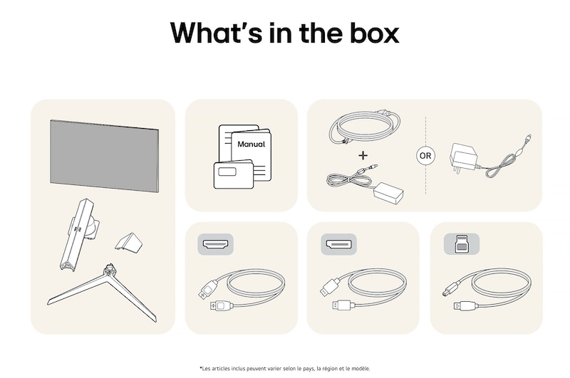 Moniteur Gaming LG UltraGear 27GS95QE-B affichant un aperçu de tous les composants fournis, incluant le corps du moniteur, les pièces du support, le manuel et les câbles HDMI, DP et USB.