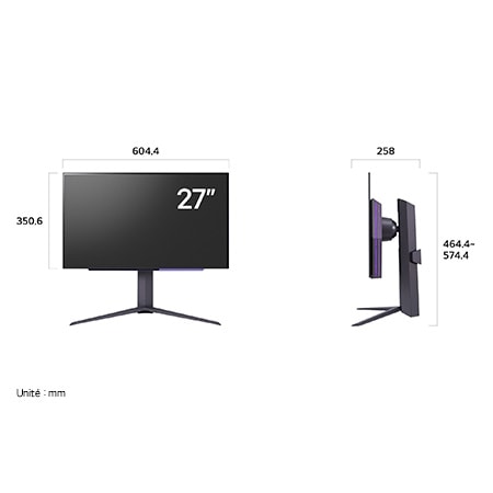 Moniteur LG UltraGear 27GS95QE-B affichant les dimensions de face et de profil, mesurant 604.4 mm de largeur, 350.6 mm de hauteur d'écran, 464.4 - 574.4 mm de hauteur totale et 258 mm de profondeur.