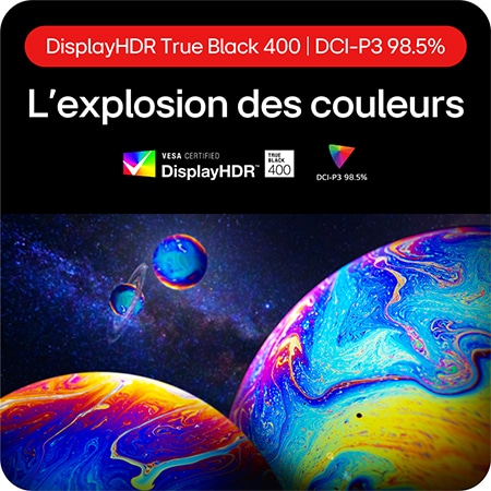 Moniteur Gaming LG UltraGear 27GS95QE-B présentant une explosion de couleurs grâce à DisplayHDR True Black 400 et une couverture DCI-P3 98.5%.