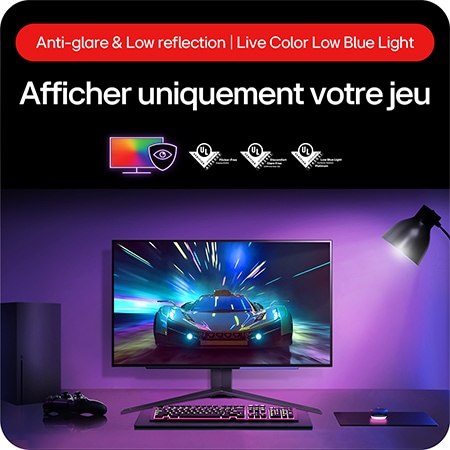 Moniteur Gaming LG UltraGear 27GS95QE-B, doté d'un écran antireflet et d'une technologie de faible réflexion pour minimiser la distraction visuelle.